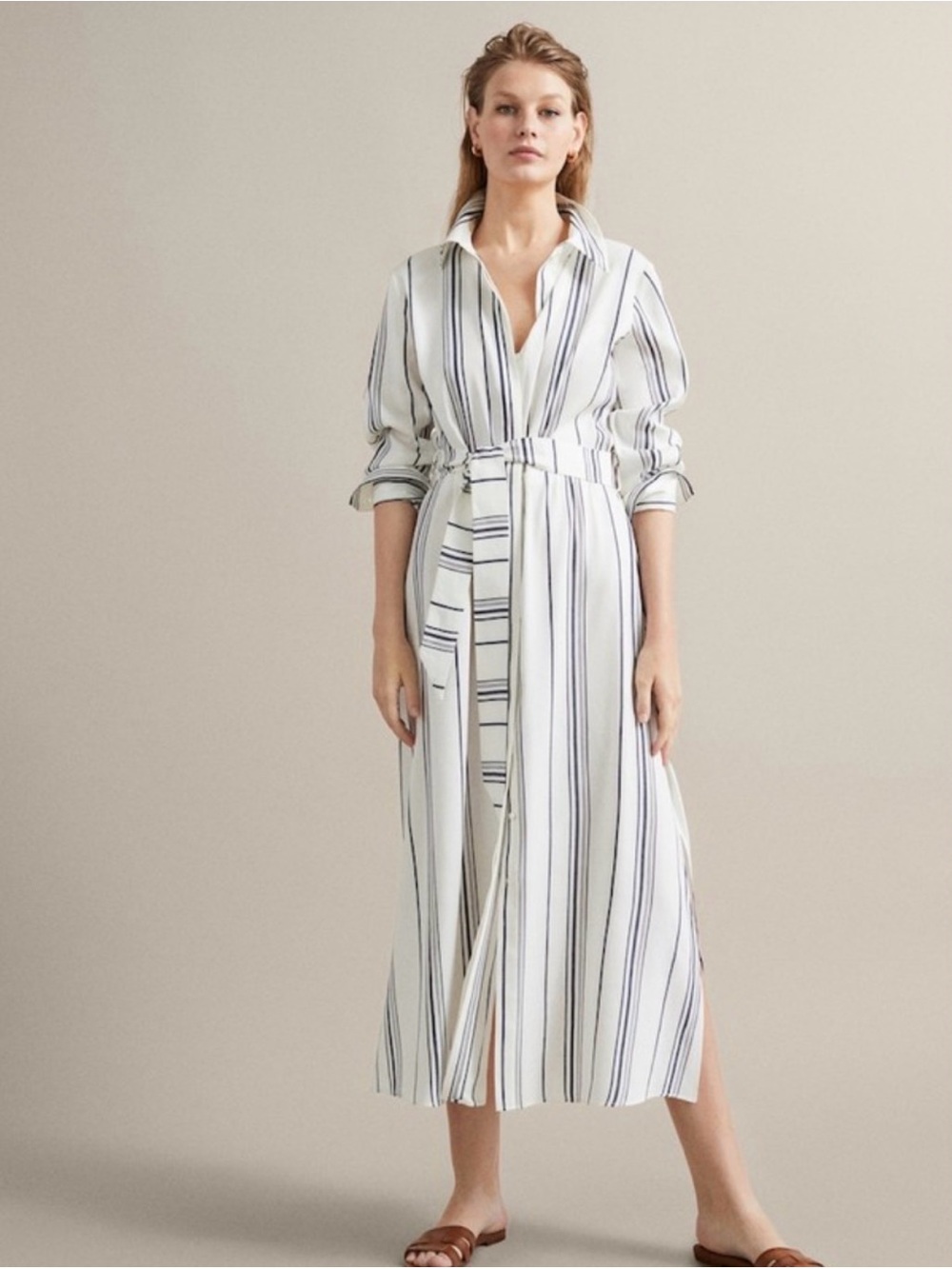 Massimo Dutti White Blue Stripped Shirt Collar Linen Belted Maxi Dress Size US 2